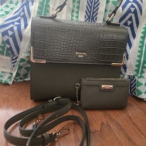 Dune London Olive Green Croc-Embossed Satchel Crossbody with Matching Pouch